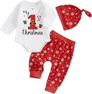 [Bufarromio] Infant Boys Girls 3Pcs Clothes Set My 1st Christmas Print Long Sleeve Romper Snowflake Print Trousers Hat Newborn Baby Outfits