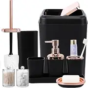 XLHOMO Black Bathroom Accessories, 9-Piece Black Bathroom Set with Trash Can, Vanity Tray, Soap Dispenser, Soap Dish, Toothbrush Holder, Toothbrush Cup, Toilet Brush and Qtip Holders