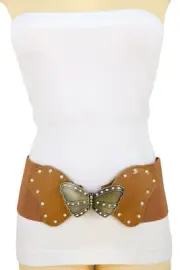 Women Brown / Gold Elastic Wide Fashion Colorful Belt Cute Butterfly Buckle S M