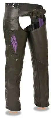 Ladies Naked Cowhide Leather Biker Chaps w/ PURPLE Wing Embroidery, Studding