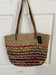 Jute Travel Tote Bag Leather Straps By Magid Large Multi Color & Tan Woven