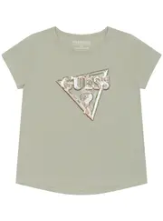 GUESS Light Green Sequin Triangle Logo T-Shirt Size: 6, Spandex