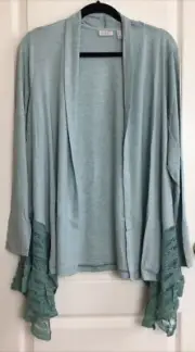 logo by lori goldstein Sea Green Striped Open Front Cardigan W Lace Detail L