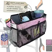 Walker Basket for Folding Walker with Flip-Down Walker Tray | Handy Cane/Reacher Strap & Cup Holder | Walker Bags for Folding Walker with Wheels, Organizer for Walker Accessories for Walker Caddy-PLUM