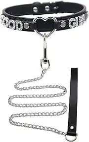 [ZJFHTD] Bling Letters Gothic Choker Necklace with Leash Ring Chain Set Adjustable Unisex Body Jewelry,Heart Shape Circle Ring Punk Leather Collar for Women Men, Medium, Stainless Steel, No Gemstone