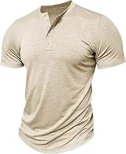[Zylphorix] Men Quarter Button Casual Polo Shirt Solid Short Sleeve Round Neck Daily T-Shirt Summer Henry Exercise Pullover Top, Khaki, Small