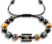 [Yifnny] Initial Beaded Bracelet for Men, Adjustable Bracelet Tigers Eye Black Obsidian Braided Rope Bracelet Friendship Initial Jewelry Letter Bracelet Birthday Gifts for Men