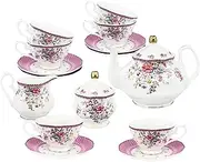 fanquare 21 Piece Vintage Porcelain Tea Set, Pink Floral Coffee Cup Set for 6, Afternoon Tea Set for Women