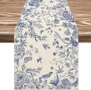 AnyDesign Blue and White Table Runner 13 x 72 Inch Monochrome Sketch Birds Flower Table Cover Retro Floral Kitchen Dining Table Decoration for Home Party Restaurant Decor Supplies