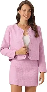[Allegra K] Tweed Blazer Set for Elegant Women's Work 2 Piece Blazer Skirt Suit, Pink, S