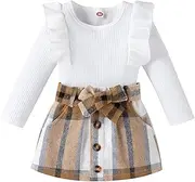 [Generic] Bundle Baby Girl Kids Toddler Baby Girls Autumn Winter Print Cotton Long Sleeve Ribbed Tops Plaid Skirts Bow Tie Set Clothes for Baby Girl White