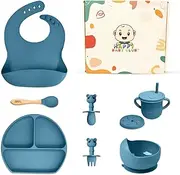 Happy Baby Club Blue Silicone Baby Feeding Set - Complete Baby Weaning Set for Expecting Moms and New Parents | Gift Set for Family and Friends | Including a Bib, Bowl, Plate, Cup, Spoon and Fork