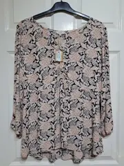 Fat Face Kinsey Top Floral Size UK 14 V-Neck Puffed Shoulder Ruched 3/4 Sleeve