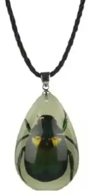 Real Emerald Scarab Beetle Lucite Glow Necklace/Symbol Eternal Youth Spiritualit