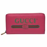 【GUCCI 古馳】復古風格的圖案小牛皮綠紅綠織帶標誌拉鍊長夾(桃紅色496317-0GCAT-8840)