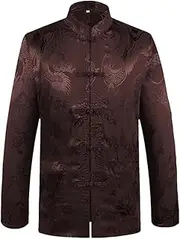 [Fulbant] Men'S Mandarin Collar Dragon Tang Suit Chinese Traditional Long Sleeve Kung Fu Shirt Blouse Tops