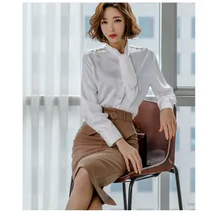 長袖OL套裝領結白色襯衫+高腰及膝窄裙後開叉包臀裙兩件式套裝