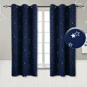 Navy Star Blackout Curtains for Kid's Bedroom - Eyelet Thermal Insulated Room Darkening Printed Curtains for Living Room, Set of 2