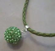 Green Austrian Crystal Pendant on Green Braided Leather Cord in Sterling Silver