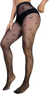 [Aesphelia] Bowknot Fishnet Tights, Women's Bow Mesh Stockings, Patterned Pantyhose for Dresses High Waist Hollow Out Leggings Black, Black, One Size