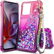 [WDHD] Designed for Motorola Razr-2024 Case (Not Fit Razr+ Plus 2024) with Diamond Wrist Strap Lanyard, Glitter Bling Sparkly Floating Liquid Cute Cover for Women Girl (Pink/Purple)