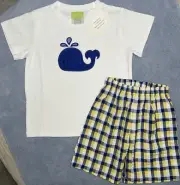 Classic Whimsy Boys Size 5 Whale Applique Short Set Yellow Blue Plaid NWT