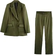[Zadaos] Women's Suit Sets Fashion Collar Double Breasted Silk High Waisted Pants Sets