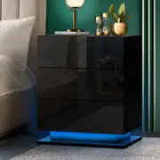 Oikiture Bedside Table RGB LED Nightstand Cabinet 3 Drawers Side Table Furniture Black
