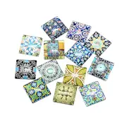 100pcs Kaleidoscope Flower Glass Cabochons Flatback Square Dome Findings 25x25mm