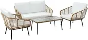 [Gardeon] Outdoor Sofa 4 Piece Wicker Lounge Setting Table and Chairs, Patio Furniture Rattan Modular Set Garden Pool Deck Backyard, Weather-Resistant Cushions Glass Tabletop Brown