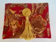 BEAUTIFUL(!)Vintage TAPESTRY Fabric Covered NOTEPAD BOX with Tassel Reds & Golds