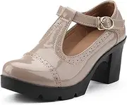 [DADAWEN] Women's Classic T-Strap Platform Mid-Heel Square Toe Oxfords Dress Shoes