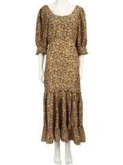 Brown Floral Print Ruffle Accent Midi Dress