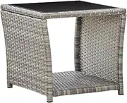 Outdoor Side Table, 2-Tier Patio End Table, Weather Resistant Poly Rattan Small Outdoor Table for Patio Yard Balcony Garden, Glass Tabletop, Grey 45x45x40 cm
