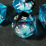 MS hong Sharp Edge Resin DND Dice Set, Crystal Blue Quicksand Glitter Liquid Core Dungeons and Dragons Dice Set D&D with Box, 7 Pcs Polyhedral RPG D and D Role Playing Dice D20 D12 D10 D8 D6 D4