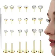 [ZELORES] 14K Gold Plated Threadless Nose Studs for Women Men 316L Stainless Steel Labret Stud Push In Nose Ring Stud Monroe Lip Rings CZ Opal Flat Back Nose Piecing Jewelry 1.5mm 2mm 3mm