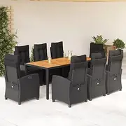 Outdoor Furniture Set, 9 Piece Dining Set with Cushions, Black Poly Rattan Table, Chair, Chairs for Patio, Garden, Porch, Balcony
