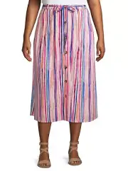 Terra & Sky Women's Plus Button Front Maxi Skirt Size 0X (14W) Pink Orange Bl