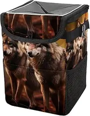 Car Trash Can with Lid and Storage Pockets Leak-Proof Organizer,Multipurpose Trash Bin for Car,Autumn Forest Wolf
