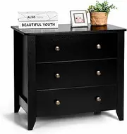 Costway 3-Drawer Wooden Dresser, Chest of Drawers with 3 Drawers & Round Metal Knobs, Mid-Century Modern Dresser for Bedroom, Living Room, Kids Room (Black)