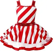 [TiaoBug] Girls Sleeveless Candy Cane Striped Christmas Party Costume Figure Ice Skating Ballet Dance Leotard Tutu Dress
