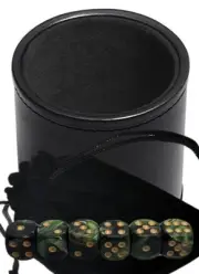 (6) 16mm Pearlized Green Black Dice w/Pouch + PU Leather Dice Cup Black Lining