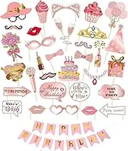 Birthday Party Photo Booth Props, 34Pcs Glitter Birthday Photo Booth Props Rose Gold Party Photo Booth Props,Funny Selfie Happy Birthday Photo Props for Girls Women, with Lips,Crowns,Flowers,Lipsticks