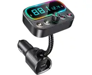 Car Bluetooth 5.0 FM Transmitter, USB C PD Bluetooth Car Adapter, /2.0" LCD Display / 3 USB Ports / 9 Color LED Backlight