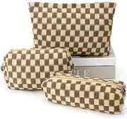 [Gocvo] Makeup Bag Cosmetic Bag Set for Girls Women Checkered Travel Organizer Bathroom Toiletry Pouch Large Capacity Storage Bag, Brown, Fashion