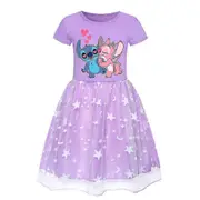Kids Girls Lilo & Stitch Cartoon Print Dress Tulle Skirt Birthday Party Cosplay Fancy Dress Purple 7-8 Years