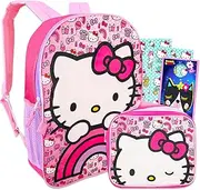 Hello Sanrio Kitty Backpack With Lunch Bag For Girls, Kids ~ 5 Pc Bundle With 16 inches School Bag, 2000+ Stickers, Page Clips, And More (Hello Kitty School Supplies Stuff), Ackpack Plush Lunch Bag,