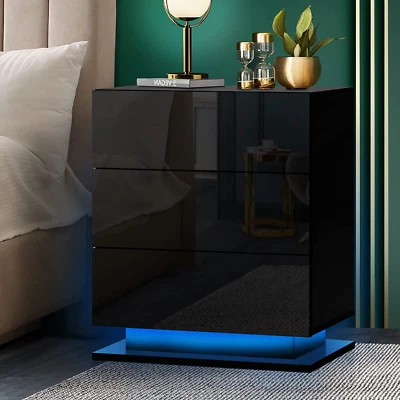 Bedside Table LED Nightstand Night Table with 3 Drawers Black