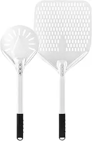 [Newmeto] 12 Inch + 7 Inch Perforated Pizza Peel Set, Pizza Turning Peel with Metal Handle, Pizza Spatula Paddle for Homemade Pizza Oven Accessories