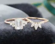 2.23 Ct Emerald Cut Curved Bridal Wedding Engagement Ring Set In 935 Argentium
